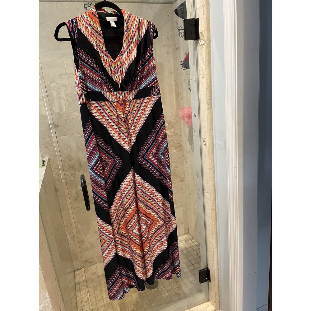Chicos Womens Size 1 M 8 Pink Blue Geometric Stretch Casual Maxi Dress